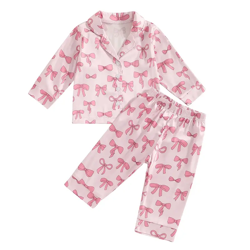Toddler Baby Girl Pajamas Bow Button Pjs Kids Long Sleeve Shirt Pants Christmas Pajama Set Sleepwear Loungewear