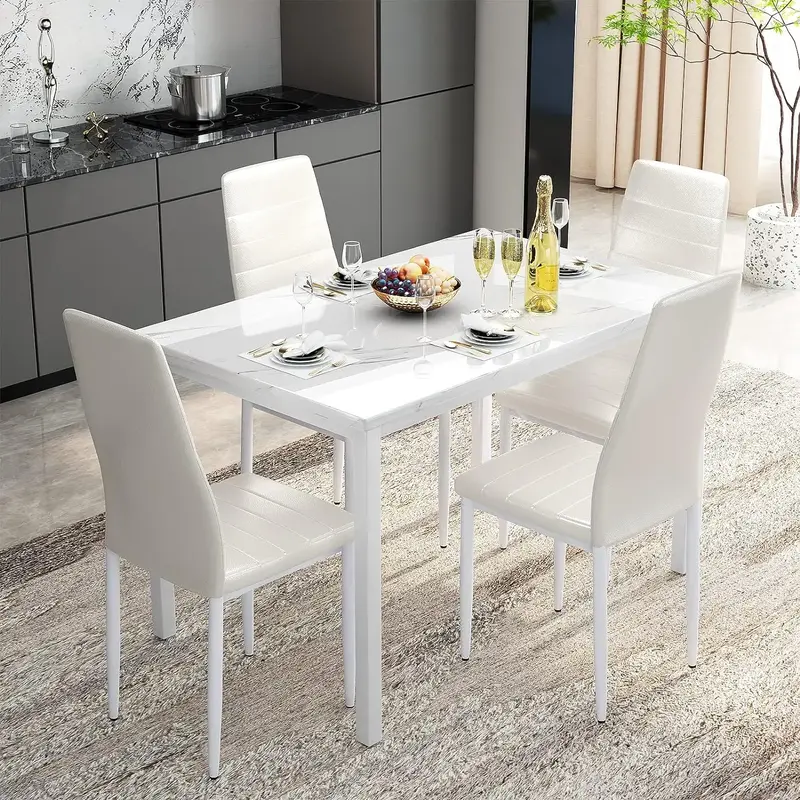 AWQM 5-Piece Dining Table Set for 4 - Faux Marble Kitchen Table with Upholstered Leather Chairs, Small Waterproof Wine Morden...