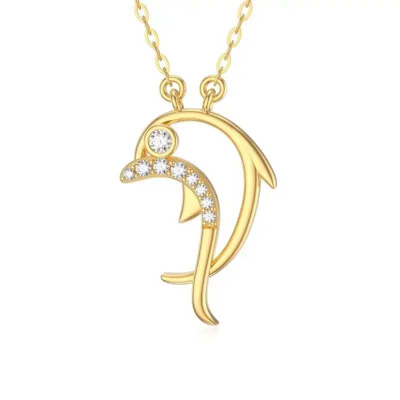 18K Gold Cubic Zirconia Dolphin Pendant Necklace