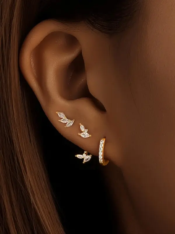 925 Sterling Silver Fashion Leaf Design Earrings Set, Artificial Zircon Decor Earrings, Casual Jewelry for Women, Trendy All-...