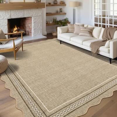 Garvee Scalloped Washable 8x10 Area Rug for Living Room Non Slip Soft Bedroom Rugs Solid Jute Color Bordered Rug Low Pile Sta...
