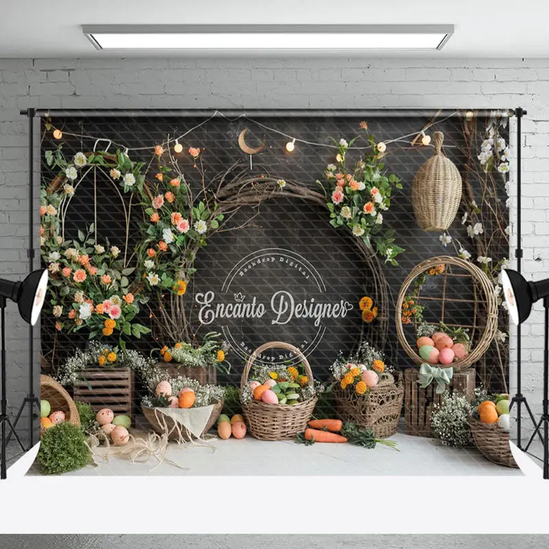 Black Grey Floral Carrot Eggs Easter Photo Backdrop - Aperturee
