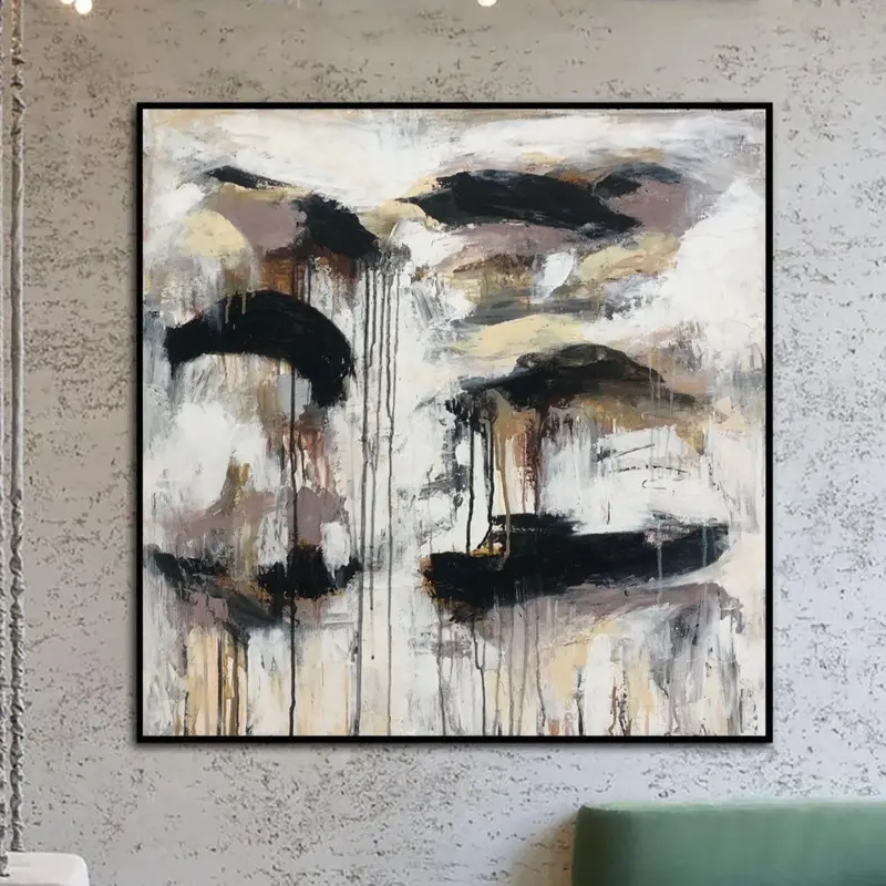 Abstract Black And White Paintings On Canvas Minimalist Art Original Beige Painting Modern Acrylic Wall Art Handmade Artwork ...