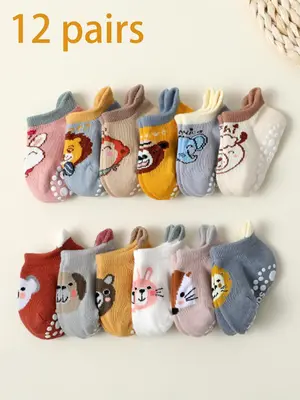 Baby Anti-Slip Socks 12 Pairs Pack, Soft Fabric Cartoon Design, Unisex Infant Toddler Floor Socks for Fall Winter Spring Summ...