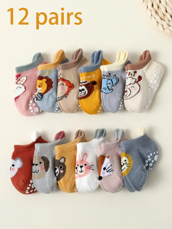 Baby Anti-Slip Socks 12 Pairs Pack, Soft Fabric Cartoon Design, Unisex Infant Toddler Floor Socks for Fall Winter Spring Summ...