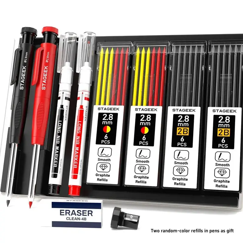 Mechanical Carpenter Pencil Set with Case, 1 Set Including Mechanical Carpenter Pencil & Marker Pen & Refills, Architect Mark...