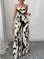 Women's Abstract Print Tie Shoulder Jumpsuit, Casual Sleeveless Wide Leg Jumpsuit for Holiday Vacation Daily Wear, Ladies Clo...