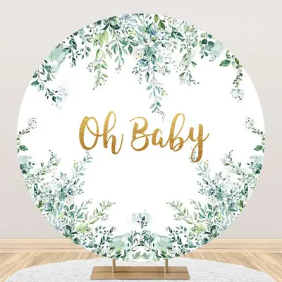 Oh Baby White Greenery Round Gender Reveal Backdrop - Aperturee