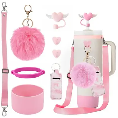 Water Bottle Accessories Set, 8 Counts/set Including Straw Cover &  Lipstick Bag & Keychain & Sticky Hook & Silicone Bottom C...