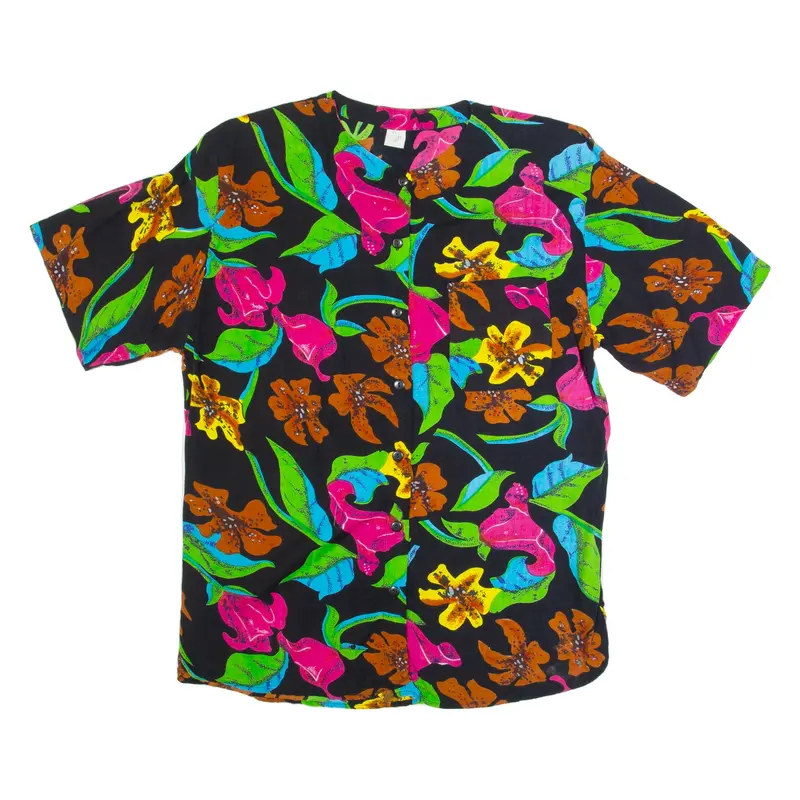 Womens Printed Shirt Black Button Neck Viscose Floral M
