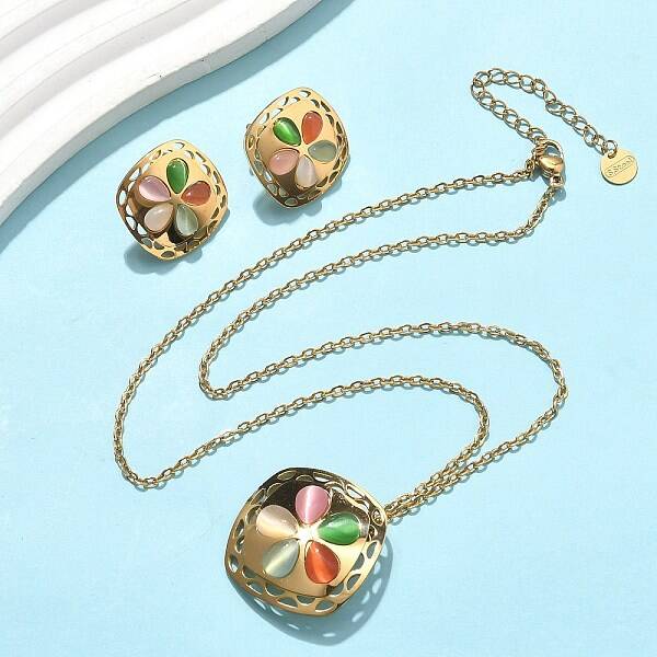 304 Stainless Steel Cat Eye Flower Pendant Necklaces & Stud Earrings Sets for Women