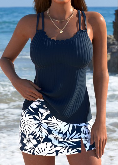 Modlily Plus Size Mid Waisted Navy Tankini Set - 3X