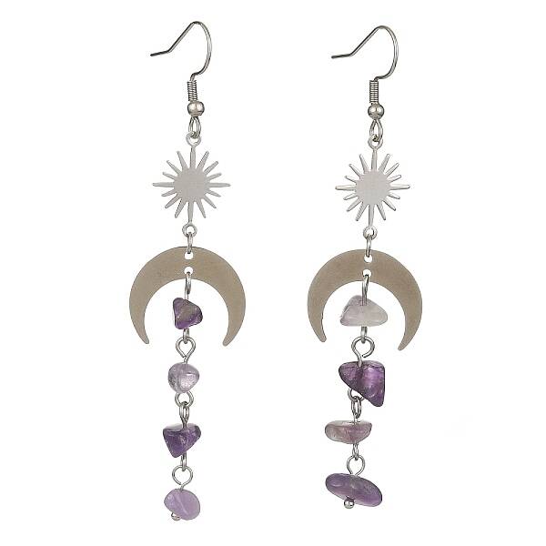 Natural Amethyst Chips Tassel Dangle Earrings