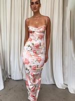Women's Floral Print Lace Trim Vintage Cami Dress, Chic Elegant Adjustable Strap Split Back Bodycon Sleeveless Dress, Women's...