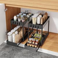 2-tier Sliding Cabinet Basket Storage Box with Hook, 1 Count Plastic Storage Under Bathroom/Kitchen Sink, Space Saving Bathro...