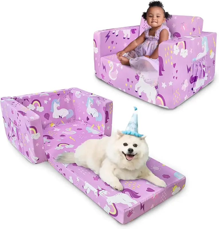 PRIMLECT Foldable Kids Sofa, Perfect Birthday & Holiday Gift for Boys and Girls,2-in-1 Soft & Cozy Couch Lounger with Fun Pat...