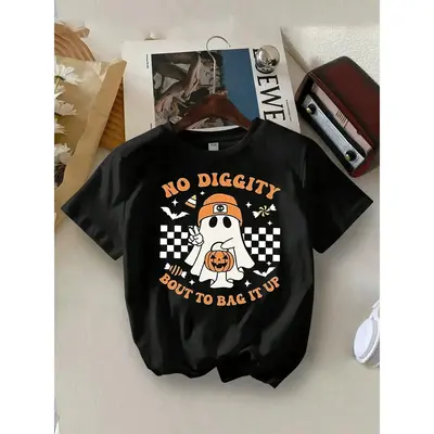 Kids' Halloween Ghost Pumpkin Print Short Sleeve TShirt, Casual Cute Funny Graphic Tee For Boys, No Diggity Bout To Bag It Up...