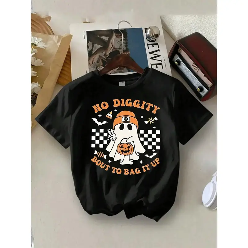 Kids' Halloween Ghost Pumpkin Print Short Sleeve TShirt, Casual Cute Funny Graphic Tee For Boys, No Diggity Bout To Bag It Up...