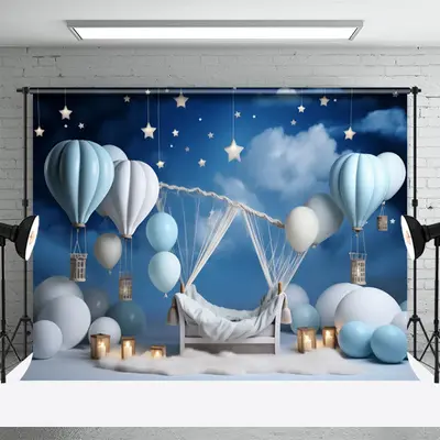 Hot Air Balloons Night Birthday Cake Smash Backdrop - Aperturee