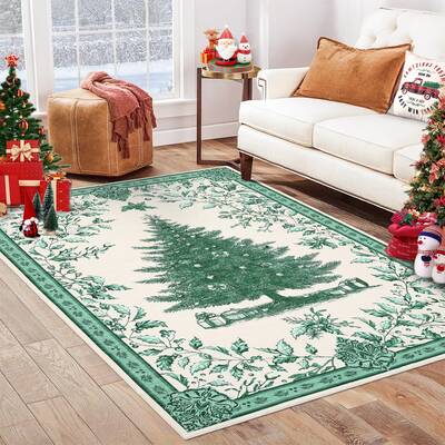 Garvee Christmas Tree Print Area Rug 8x10 - Soft Terrycloth Feel, Non-Slip TPR Backing - Washable, Foldable - Green, Ultra-Th...