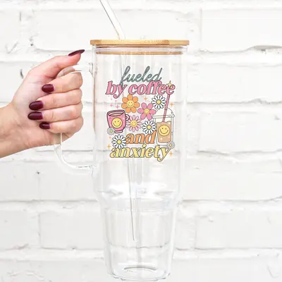 Sip-Sip Hooray! 40oz Fueled by Coffee & Anxiety Glass Tumbler – Funny Coffee Lover Cup with Lid & Straw, Mental Health Gift...