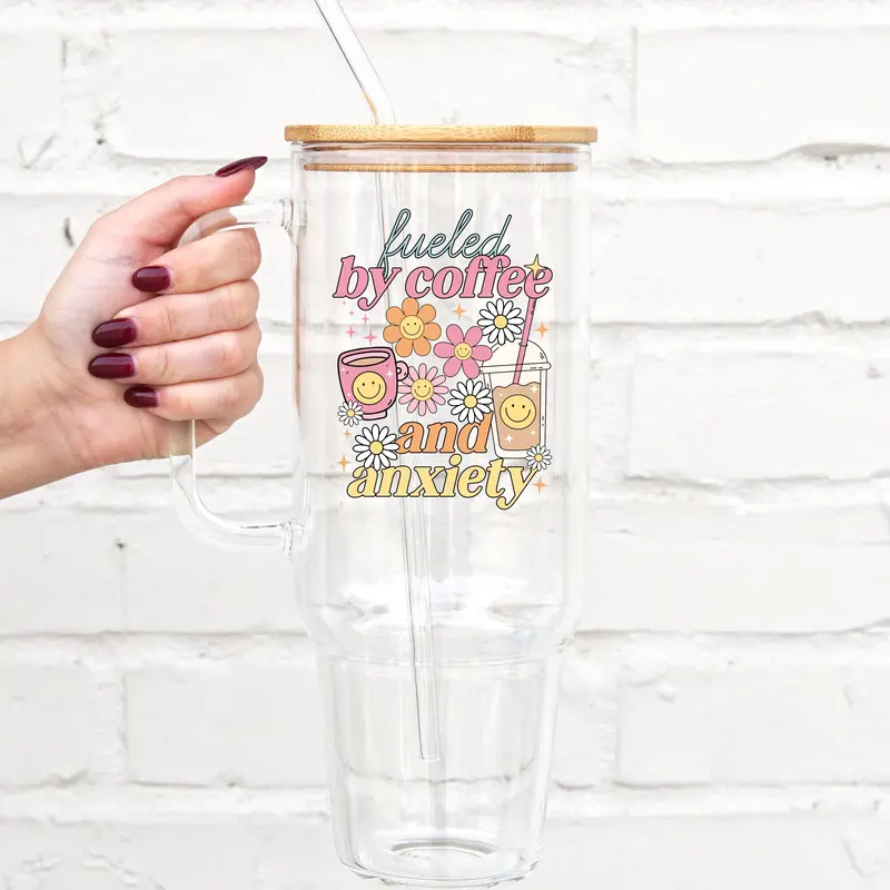 Sip-Sip Hooray! 40oz Fueled by Coffee & Anxiety Glass Tumbler – Funny Coffee Lover Cup with Lid & Straw, Mental Health Gift...
