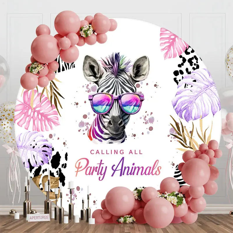 Round Zebra Monstera Dance Party Animals Backdrop - Aperturee
