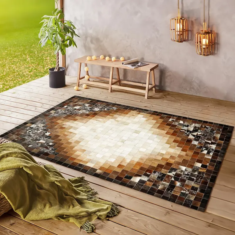 Brown Cowhide Geometric Patchwork Carpet