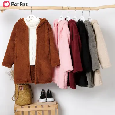 PatPat Kid Boy/Kid Girl Solid Color Hooded Fuzzy Coat Jacket