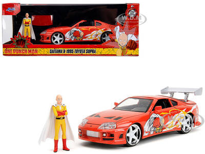 1995 Toyota Supra Red with Graphics and Saitama Diecast Figure One Punch Man (2015-2019) TV Series 1/24 Diecast Model by Ja...