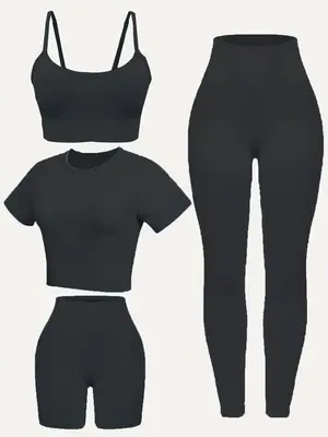 4 Counts Women's Solid Crop Sports Cami & Tee & High Waist Shorts & Wide Waistband Leggings Tracksuit Set, Comfy Outfits for ...