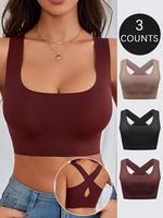 Women's Solid Criss Cross Backless Bralette, Casual Comfortable Breathable Fit Wireless Bra, Lingerie for All Seasons, Clothe...