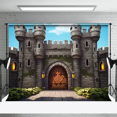 Blue Sky Cartoon Stone Castle Backdrop For Photo - Aperturee