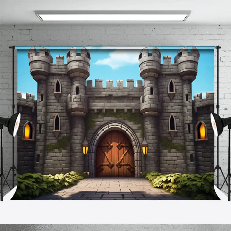 Blue Sky Cartoon Stone Castle Backdrop For Photo - Aperturee