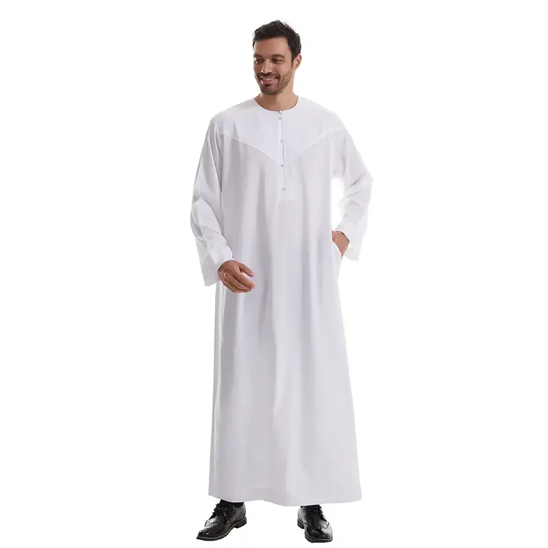 Modest Muslim Thobe for Men - Ramadan Eid Prayer Robe Solid Color Long Sleeve Loose Fit Breathable Cotton Woven Design mens  ...