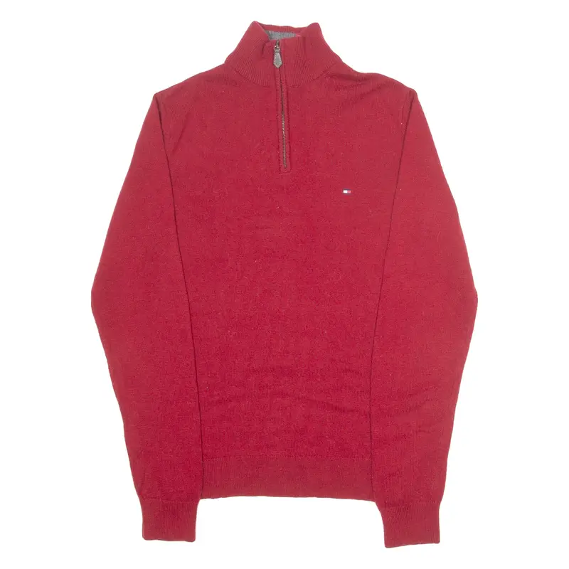 TOMMY HILFIGER Mens Jumper Red 1/4 Zip Tight Knit S