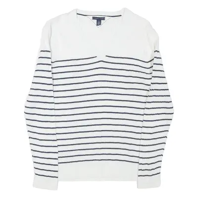 TOMMY HILFIGER Womens Patterned Jumper White Striped V-Neck Cable Knit XL