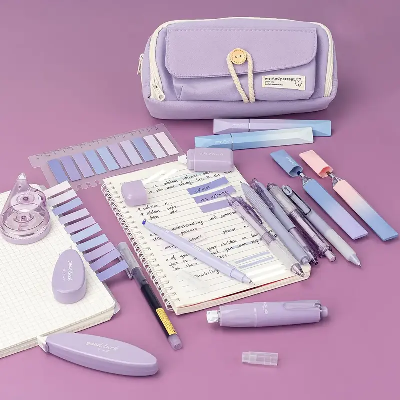 School Supplies Writing Stationery Set, 18pcs/set Including 7 Gel Pens, 4 Highlighters, 1 Index Sticker, 1 Pencil Case, 5 Cor...