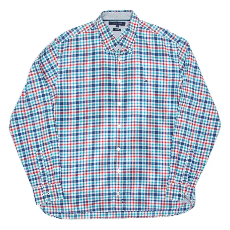 TOMMY HILFIGER Custom Fit Mens Shirt Blue Check Long Sleeve XL