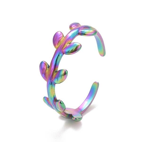 Ion Plating(IP) Rainbow Color 304 Stainless Steel Leaf Wrap Open Cuff Ring for Women