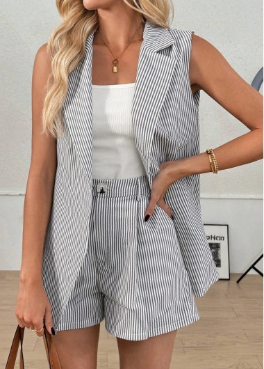 Modlily Grey Striped Sleeveless Short Sleeve Cardigan and Shorts - L