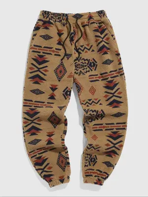 Men's Random Ethnic Pattern Drawstring Waist Thermal Pants, Loose Casual Pocket Design Trousers for Fall & Winter, Men's Bott...