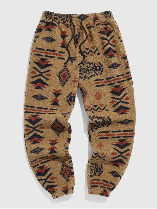 Men's Random Ethnic Pattern Drawstring Waist Thermal Pants, Loose Casual Pocket Design Trousers for Fall & Winter, Men's Bott...