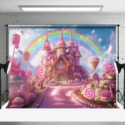 Pink Candy Castle Rainbow Birthday Cake Smash Backdrop - Aperturee