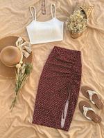 Women's Solid Spaghetti Strap Cami Top & Heart Print Skirt Set, Bohemian Casual Fashion Cozy Two-piece Set for Daily Outdoor ...
