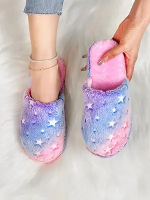 ćClearanceć Women's Cute Fluffy Slippers, Trendy Ombre Star Design Plush Fuzzy Slippers, Fashion Soft Warm Cozy Bedroom S...