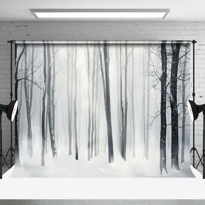 Aperturee White Misty Snow Forest Winter Backdrop For Photo