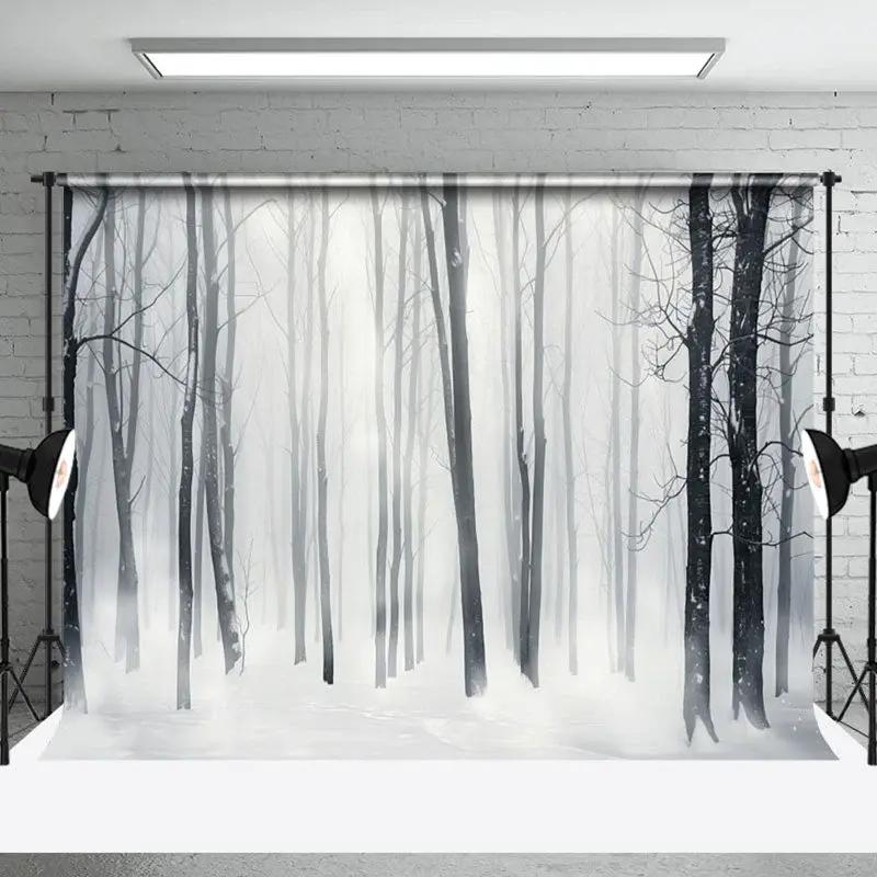 Aperturee White Misty Snow Forest Winter Backdrop For Photo