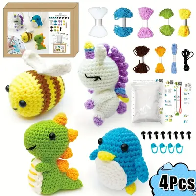 Crochet Animal Kit, 1 Set DIY Crochet Kit with 4 Counts Crochet Animal Set, Knitting Supplies for Beginners, DIY Crochet Kit ...