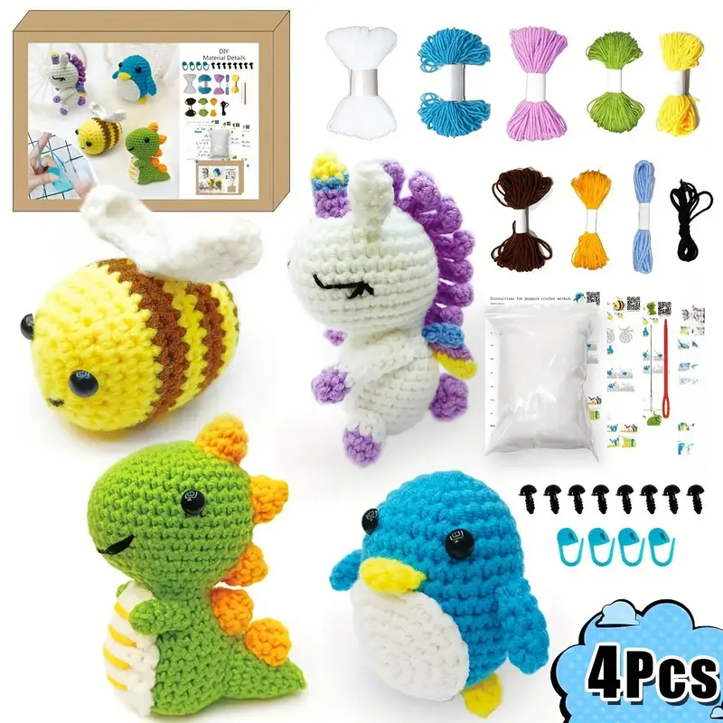 Crochet Animal Kit, 1 Set DIY Crochet Kit with 4 Counts Crochet Animal Set, Knitting Supplies for Beginners, DIY Crochet Kit ...